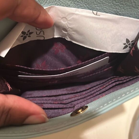 Anuschka Painted Sloth Jungle Print Front Flap Messenger Bag Blue Leather NWT - Picture 7 of 15